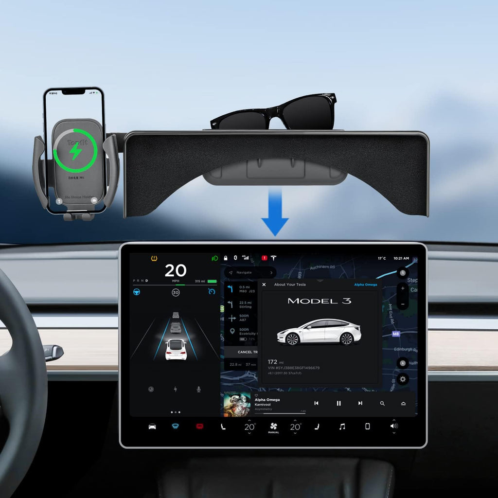 Tesla Model 3 Y Monitor Magnetic Phone Mount and Sunglasses case Fixed Clip Safety Car Cell Phone Holder Stand for Tesla Accessories 2017-2024
