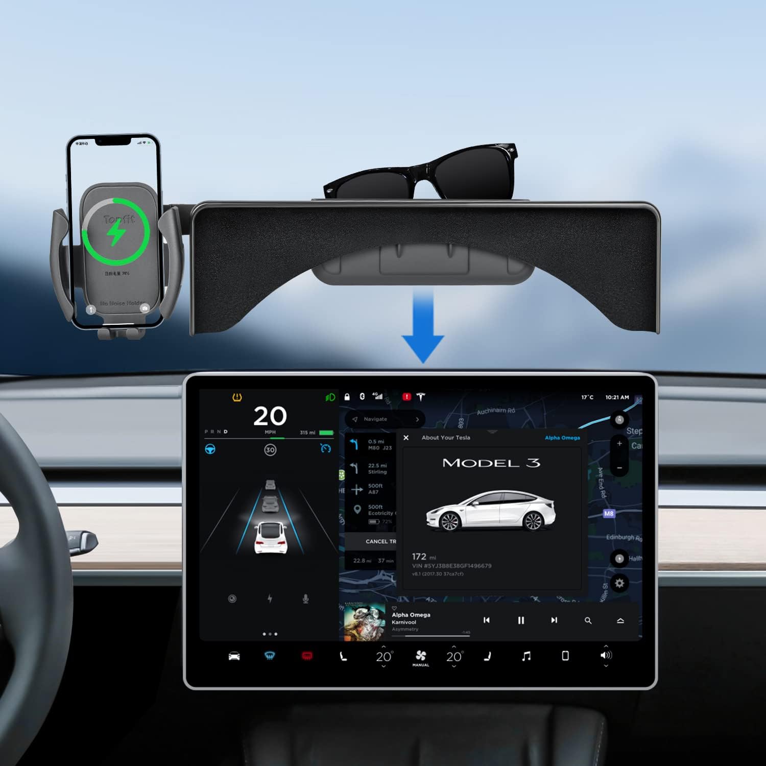 Tesla Model 3 Y Monitor Magnetic Phone Mount and Sunglasses case Fixed Clip Safety Car Cell Phone Holder Stand for Tesla Accessories 2017-2024