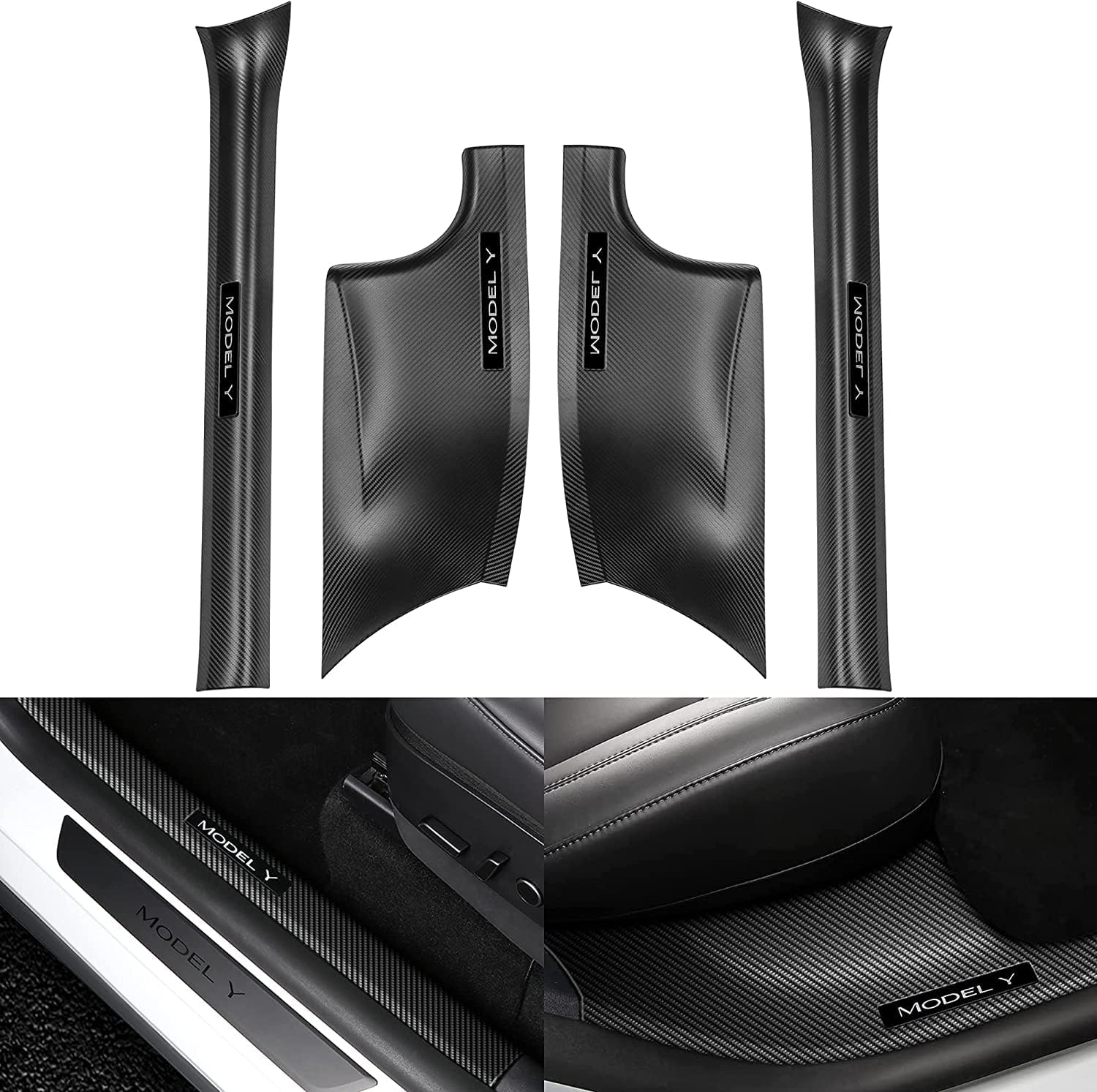 Tesla Model Y Door Sill Protector 5 Seater (NOT Fit 7 Seater) Carbon Fiber Front and Rear Door Car Pedal Kick Protection Strip Styling Covers Accessories(4 Packs)