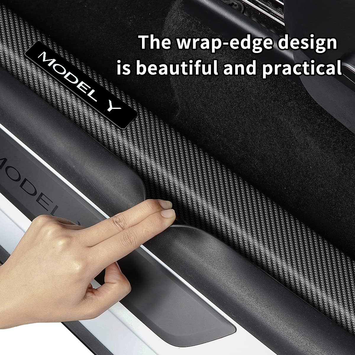 Tesla Model Y Door Sill Protector 5 Seater (NOT Fit 7 Seater) Carbon Fiber Front and Rear Door Car Pedal Kick Protection Strip Styling Covers Accessories(4 Packs)