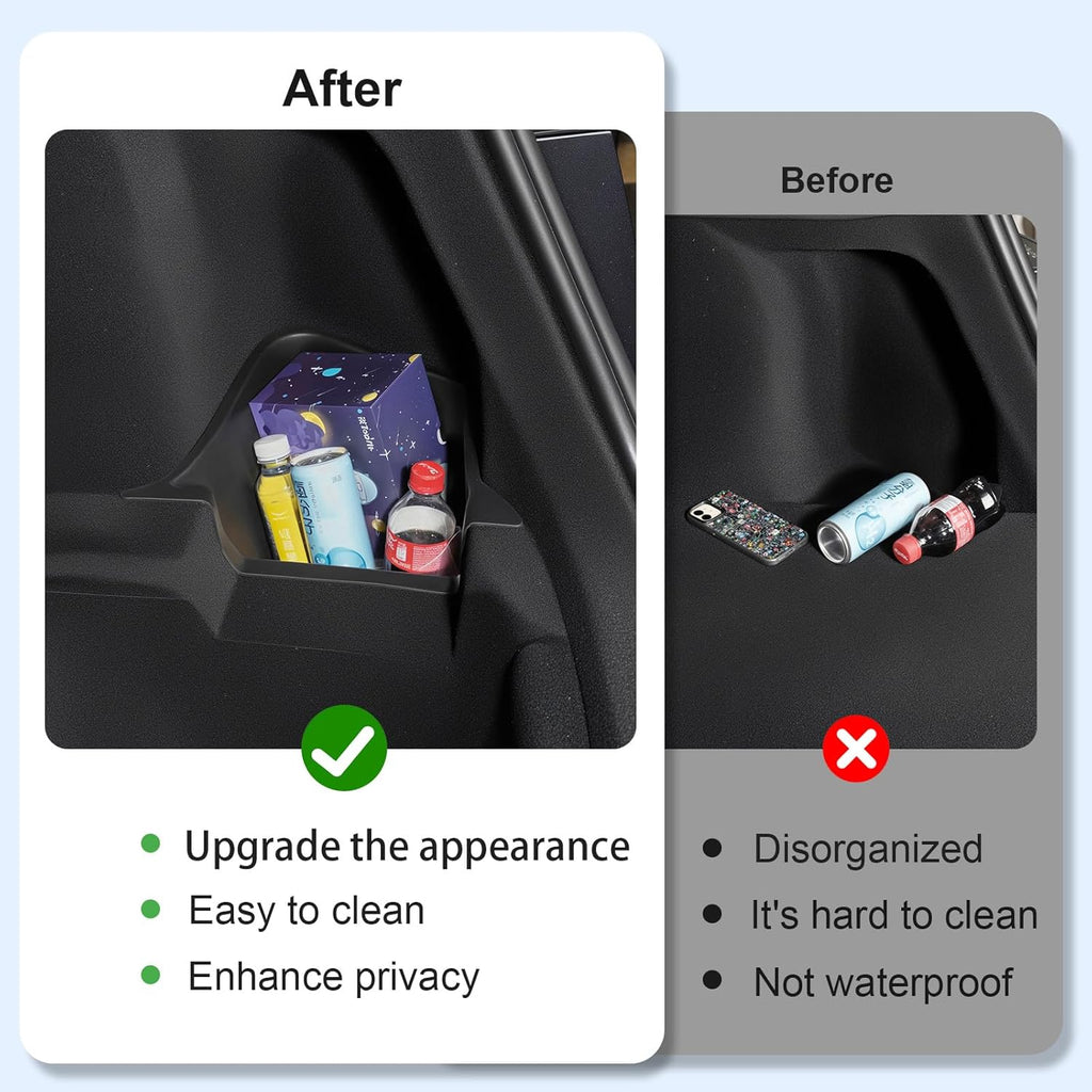 Model Y(Juniper) Trunk Storage Bins TPE Organizers with Carpeted Lid Rear Trunk Side Storage Box for Tesla Model Y Interior Accessories 2025 2026
