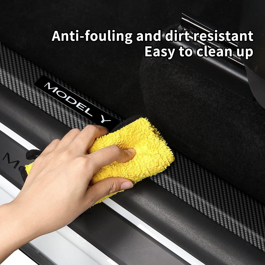 Tesla Model Y Door Sill Protector 5 Seater (NOT Fit 7 Seater) Carbon Fiber Front and Rear Door Car Pedal Kick Protection Strip Styling Covers Accessories(4 Packs)