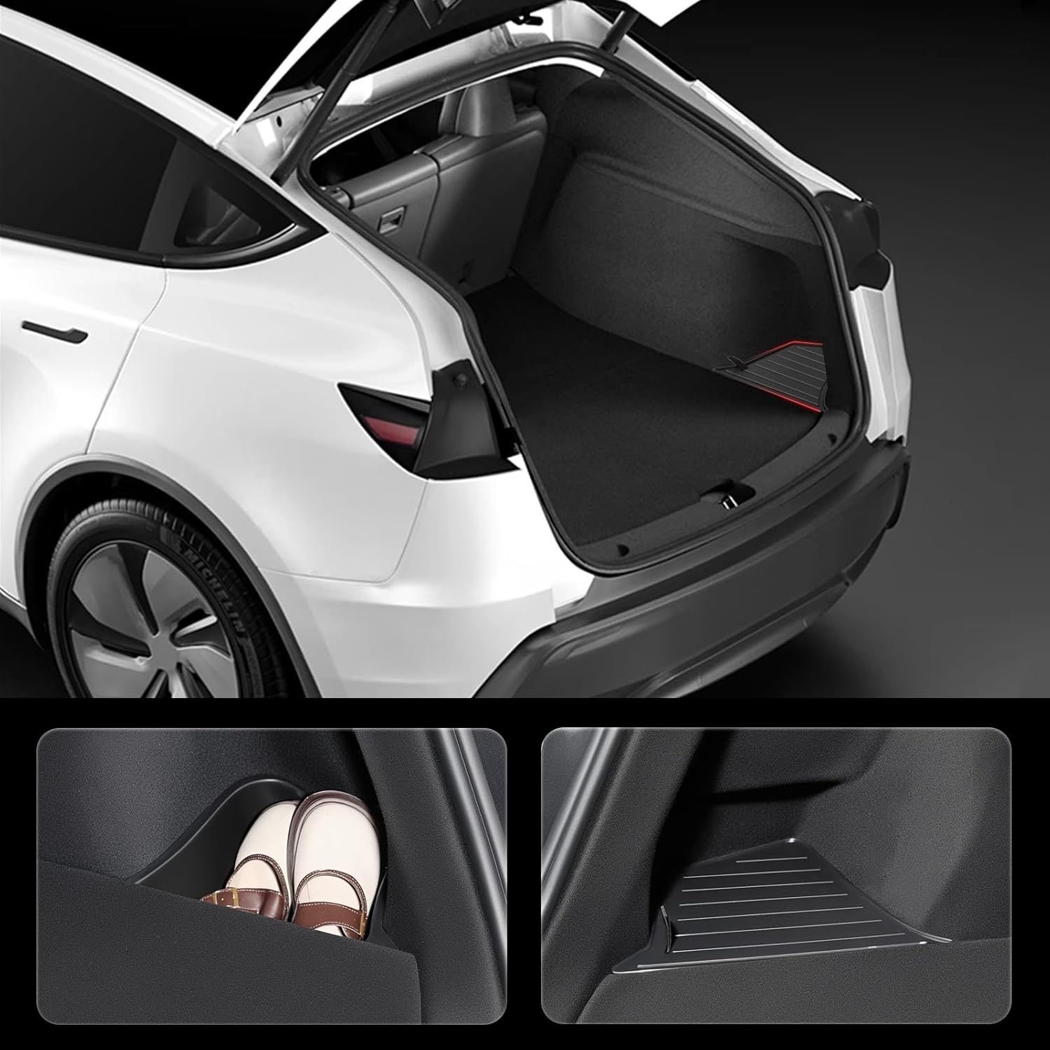 Model Y(Juniper) Trunk Storage Bins TPE Organizers with Carpeted Lid Rear Trunk Side Storage Box for Tesla Model Y Interior Accessories 2025 2026