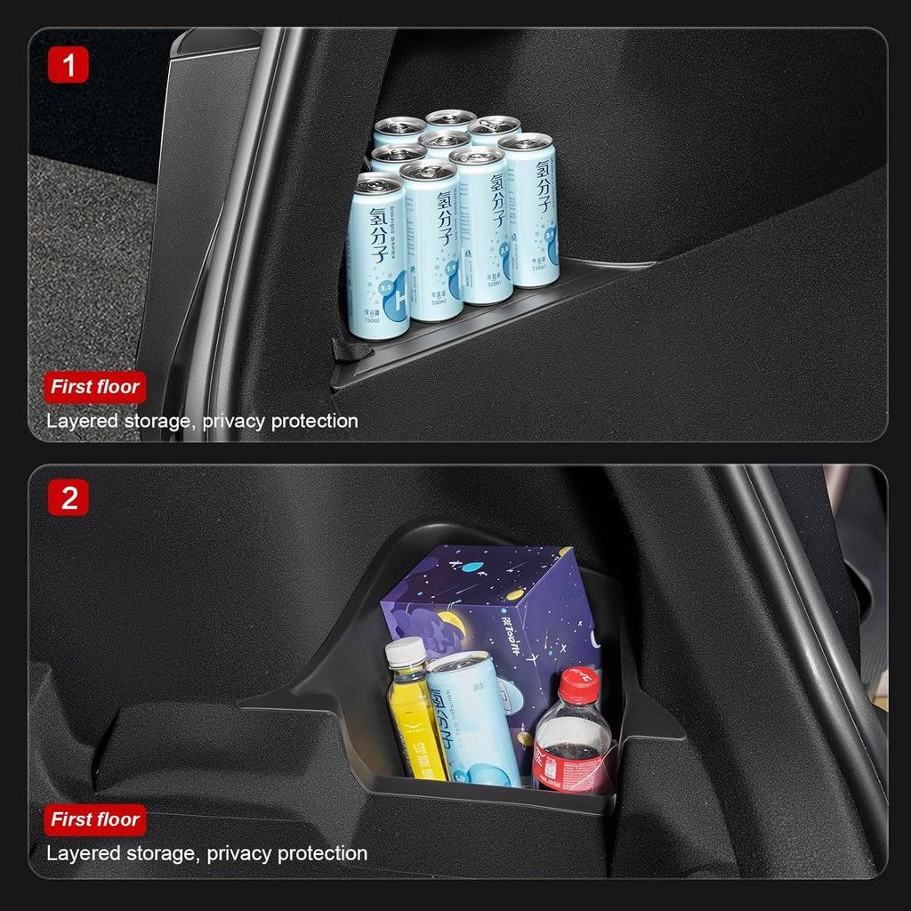 Model Y(Juniper) Trunk Storage Bins TPE Organizers with Carpeted Lid Rear Trunk Side Storage Box for Tesla Model Y Interior Accessories 2025 2026