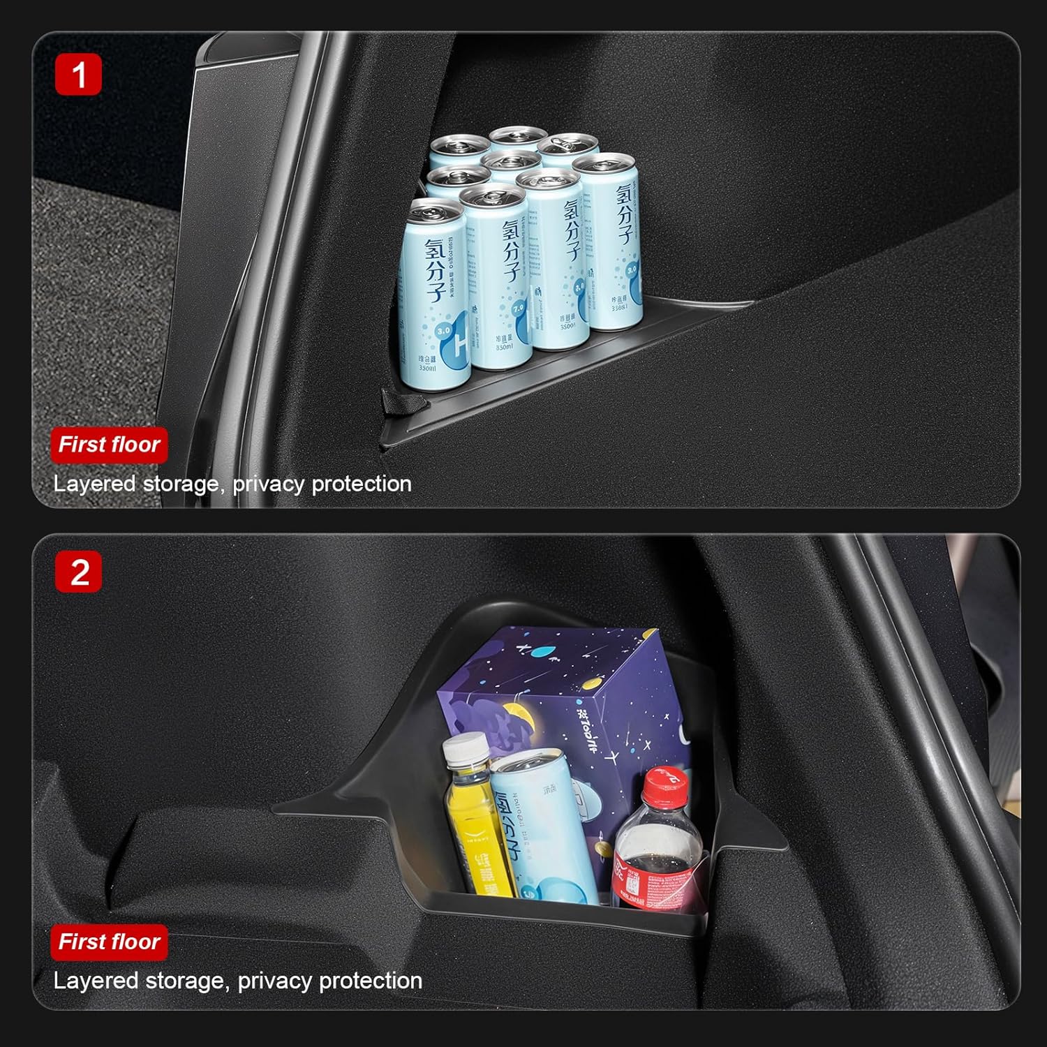 Model Y(Juniper) Trunk Storage Bins TPE Organizers with Carpeted Lid Rear Trunk Side Storage Box for Tesla Model Y Interior Accessories 2025 2026